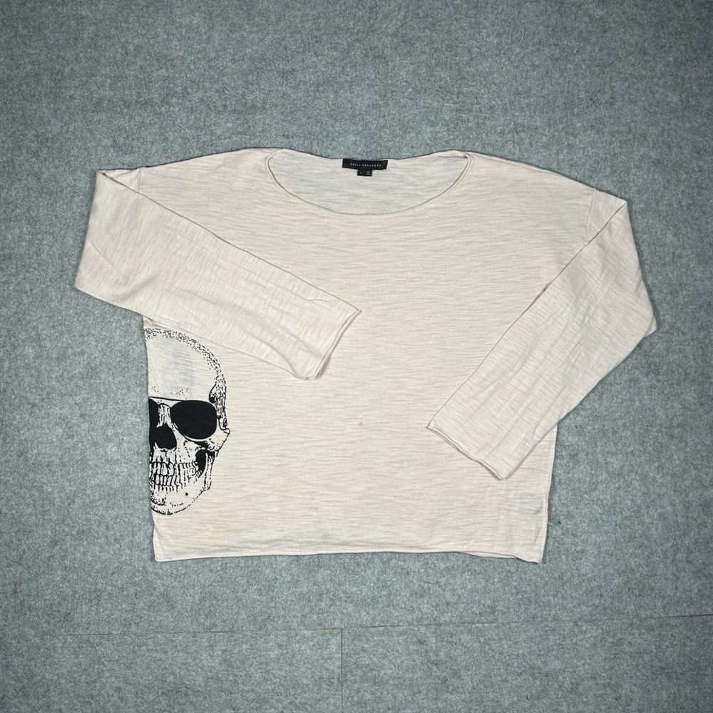 Skull Cashmere Top Womens Large Beige Skull Graphic Slub Cotton Goth Edgy Grunge